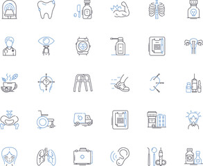 Clinical care line icons collection. Diagnosis, Treatment, Medication, Consultation, Management, Rehabilitation, Intervention vector and linear illustration. Therapy,Monitoring,Adherence outline signs