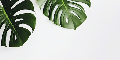 Tropical leaves monstera on white background. Empty space flat lay. Creative minimal summer concept. Generative AI
