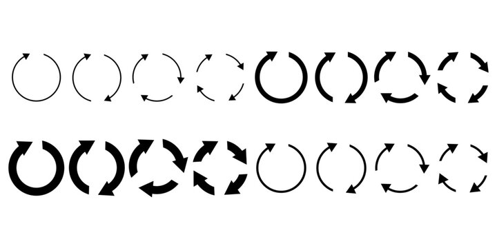 different circular arrows of black color, different thickness. Vector illustration.