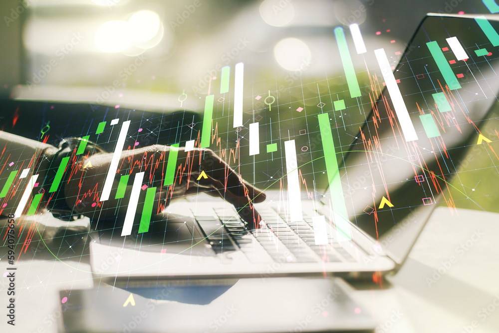 Aufkleber double exposure of abstract creative financial chart with hand typing on computer keyboard on backgr