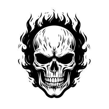 Flaming Burning Skull On Fire Logo Monochrome Design Style

