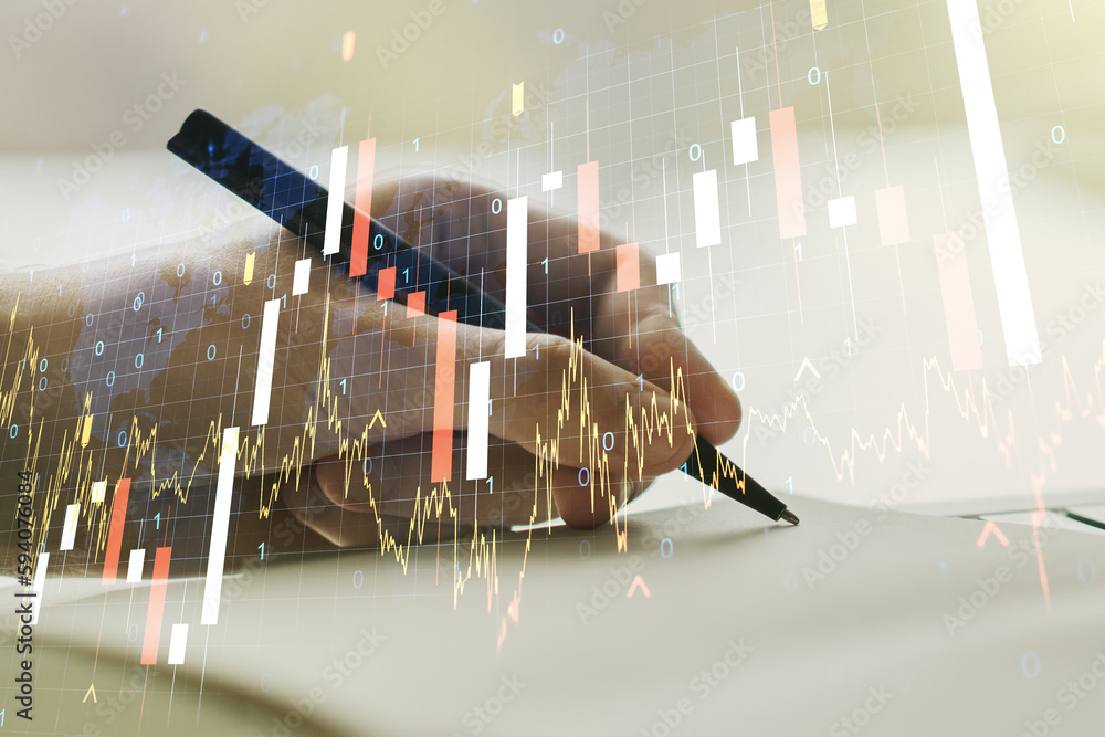 Aufkleber multi exposure of abstract creative financial graph with world map and with man hand writing in note