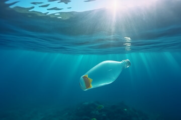 Garrafa de plástico flutuando no oceano com animais aquáticos, peixes. Poluição oceânica, conservação ambiental e conceito de ecologia