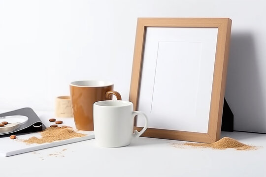 Moldura simulada com xícara de café e caixa de presente na mesa branca. Conceito de cartão de dia dos pais