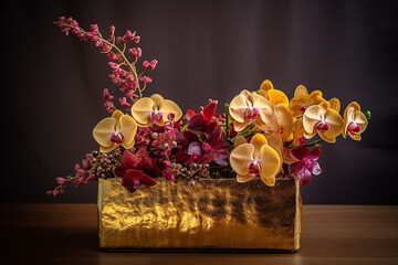 arranjo decorativo luxuoso com orquideas em vaso dourado 