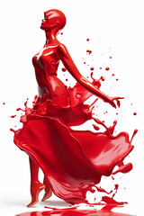 Fototapeta premium Respingo de óleo vermelho ou forma de motor de mulher vestida, soro cosmético líquido isolado em fundo branco