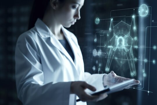 Futuristic medicine. Digital virtual computer interface. Virtual holographic. Innovative in science and medicine concept. Technologies of medicine. Remote medicine. Modern Laboratory. Generative AI.