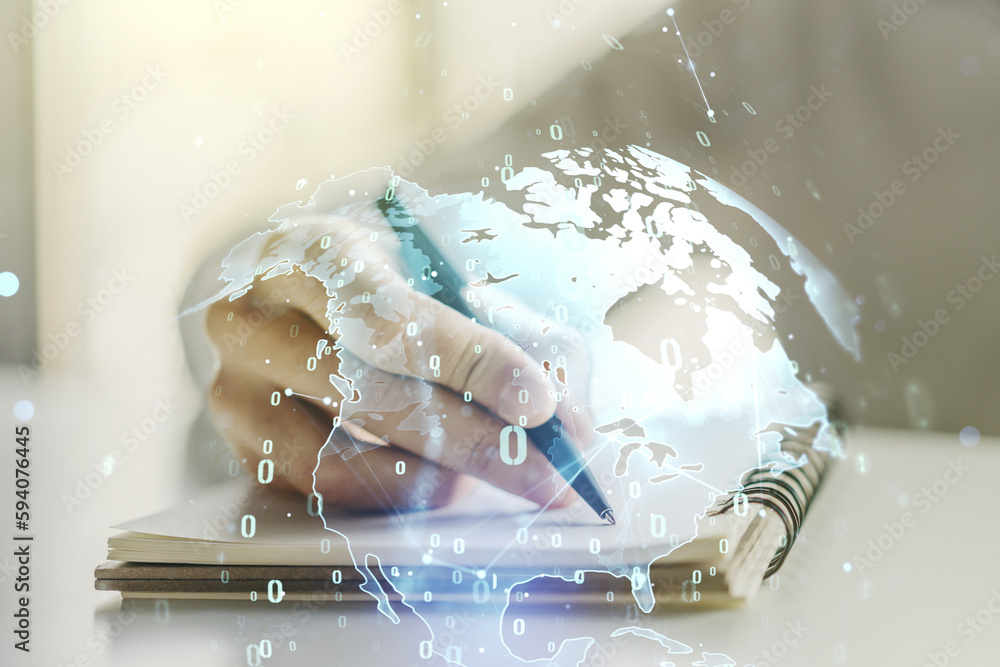 Poster abstract creative coding illustration with world map and man hand writing in diary on background, in