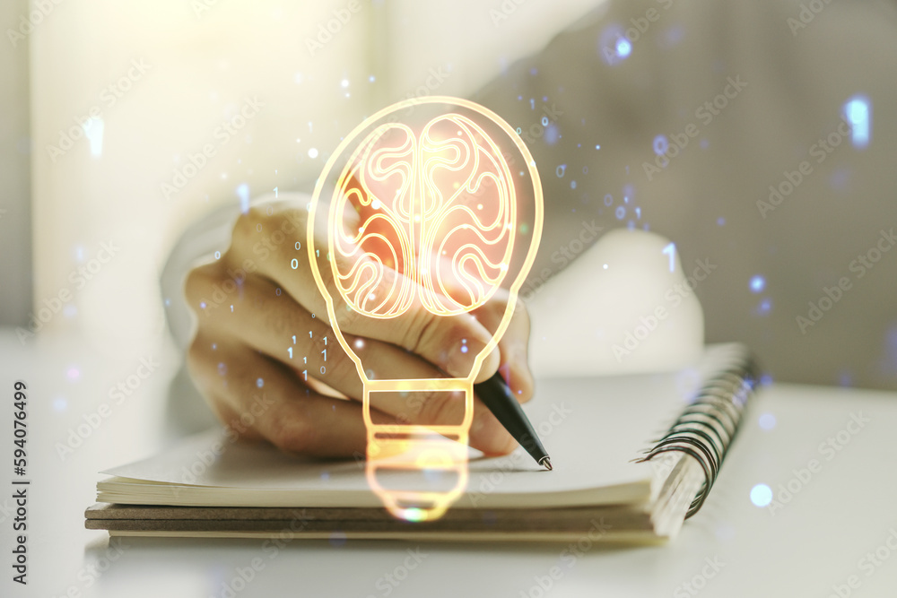 Poster creative idea concept with light bulb and human brain illustration with man hand writing in notebook