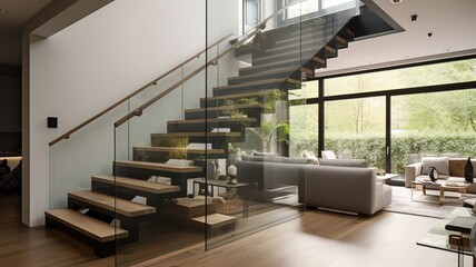 a beautiful staircase in the hall, glass design