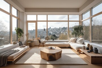 Light living room with panoramic window and seating. Generative AI