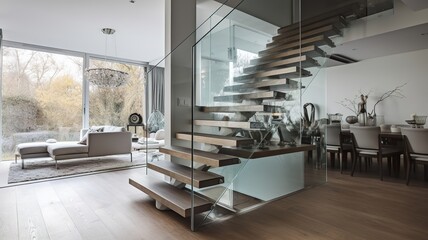 Fototapeta na wymiar a beautiful staircase in the hall, glass design