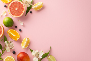 Stylish summer concept with a pop of fruit. Top view flat lay orange, grapefruit, lemon, lime and...