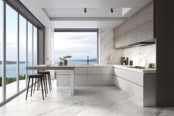 Fototapeta na wymiar Modern kitchen with panoramic window and mockup frames. Generative AI