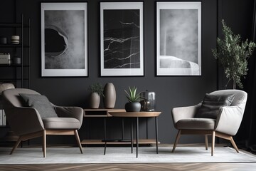 Gray living room with armchairs and poster. Generative AI