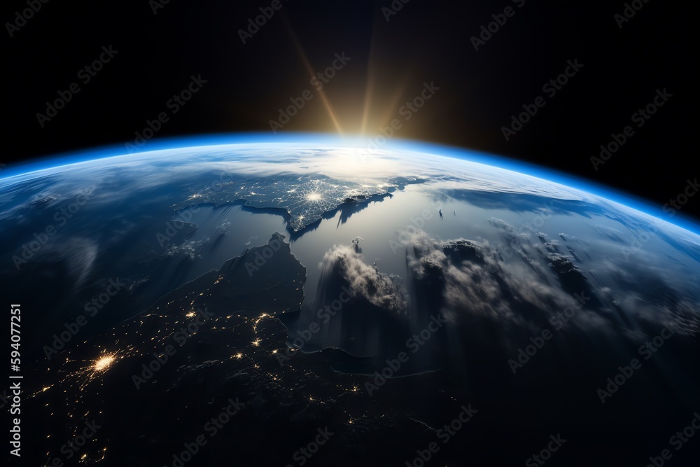 Wall mural earth from space with blue sunrise and stars in the background. generative ai