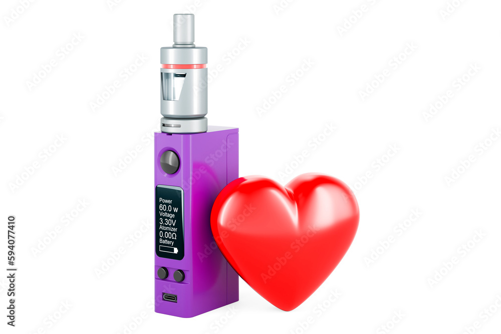 Poster box mod e-cigarette with red heart, 3d rendering