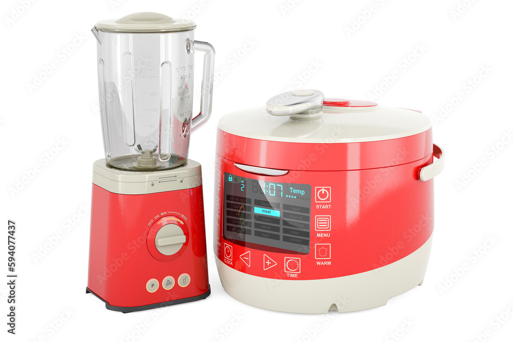 Poster electric blender with automatic multicooker, 3d rendering