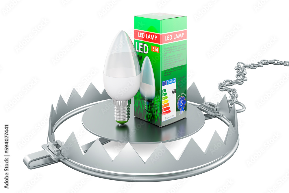 Poster lightbulb led lamp inside bear trap, 3d rendering