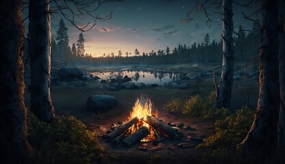 Campfire at the lake at dusk, Forest camping, Beautiful reflection of the sunset in the lake by the fire