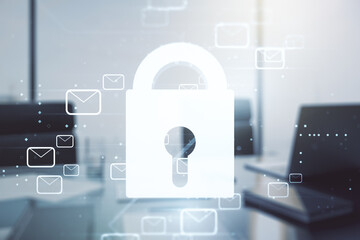 Creative concept with lock symbol and postal envelopes illustration and modern desktop with computer on background. Protection and firewall concept. Multiexposure