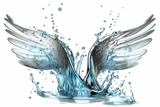 Respingos de &aacute;gua ou motor em forma de asas, soro l&iacute;quido cosm&eacute;tico isolado no fundo branco, ilustra&ccedil;&atilde;o 3d com tra&ccedil;ado de recorte