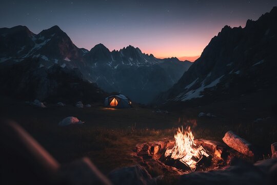 Camping in the mountains, Sunset in the mountains, apline camping, Beautiful view of mountains during dusk. Campfire in the Hills