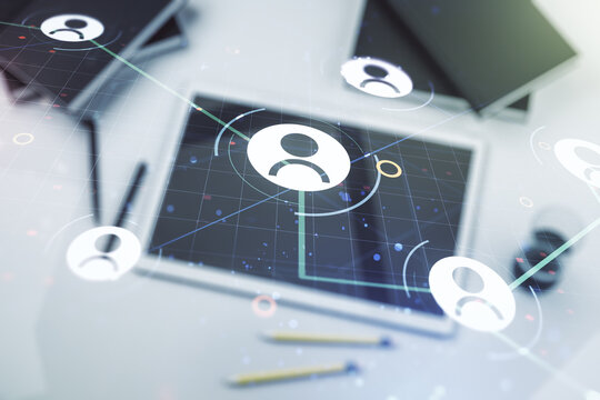 Double exposure of social network icons concept and modern digital tablet on background. Networking concept