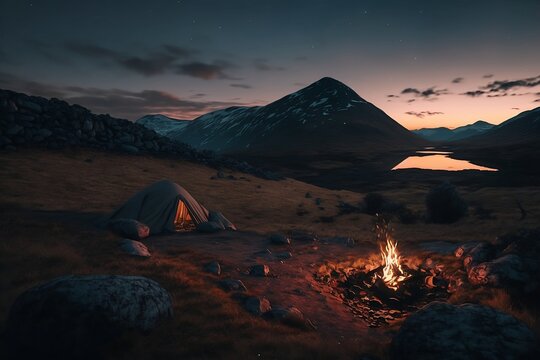 Camping in the mountains, Sunset in the mountains, apline camping, Beautiful view of mountains during dusk. Campfire in the Hills