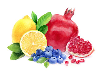 Watercolor painting of juice lemonade ingredients composition isolated on white background, closeup, botanical illustration.