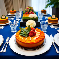 table seting with fruitcakes, cake, orange, orange cake, starwberry cake