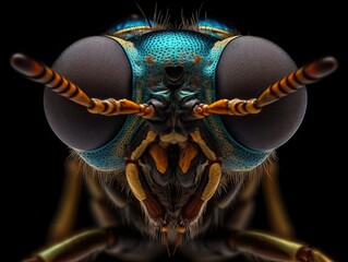An insect has a colorful striped face macro close-up. Generative AI