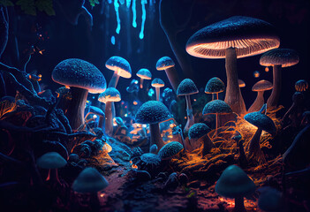 Fototapeta na wymiar A bright enchanted forest with magical mushrooms. Generative AI
