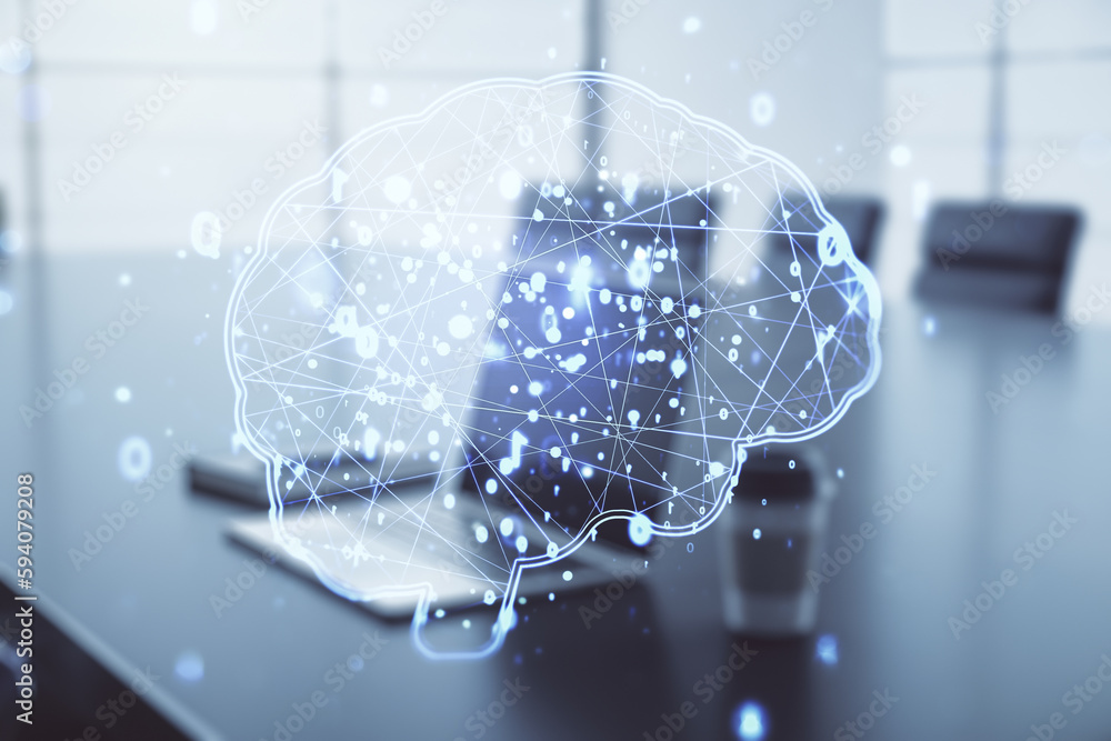 Aufkleber double exposure of creative artificial intelligence symbol with modern laptop on background. neural 