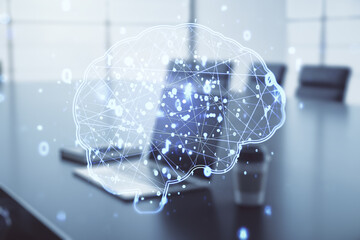 Double exposure of creative artificial Intelligence symbol with modern laptop on background. Neural networks and machine learning concept