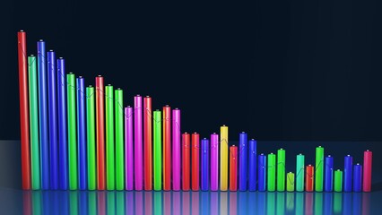 3d render. Multicolor bars, counters and graph. Beautiful 3d background for analytical programs with abstract infographics, statistical data. 3d columns as financial bg