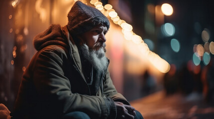 Fototapeta na wymiar a sad homeless man sits on the street against the backdrop of a bright festive illumination of the city. the concept of helping the poor and the homeless. Generative AI