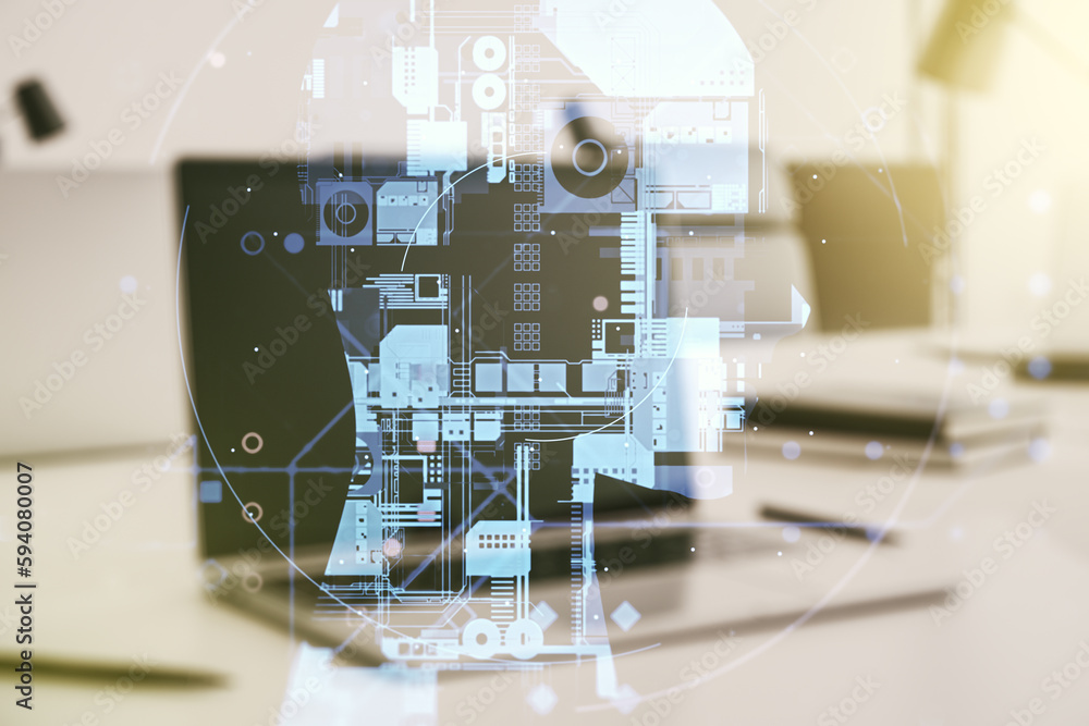 Aufkleber Double exposure of creative human head microcircuit with computer on background. Future technology and AI concept