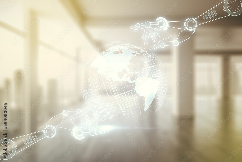Aufkleber Abstract virtual robotics technology hologram with globe on modern interior background, artificial intelligence and machine learning concept. Multi exposure