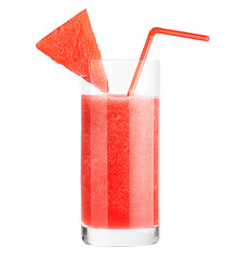 watermelon juice, red smoothie, slice of watermelon on glass, straw, on white background isolated