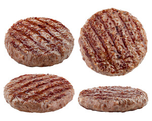 grilled hamburger meat isolated on white background, full depth of field