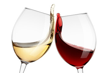 red and white Wine splash in glass isolated on white background, full depth of field