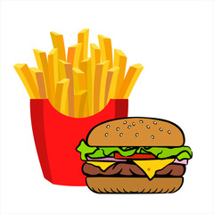 Delicious appetizing burger and French fries in a red carton box.  Vector illustration isolated on white background 