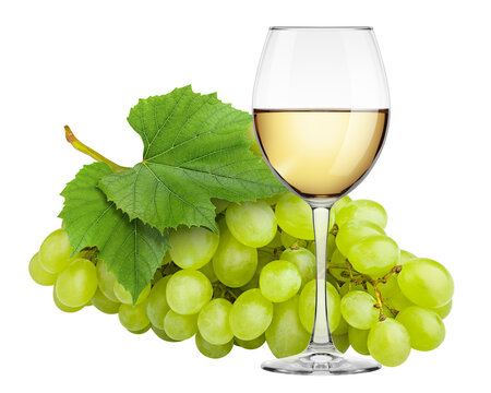 white Wine in glass with grape isolated on white background, full depth of field