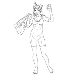 Girl diving. Vector illustration of a sport women. Sketch Young woman in a diving suit and fins