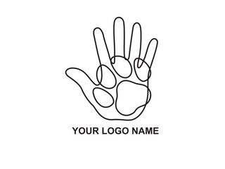 Human hand palm with dog or cat paw print symbol. Veterinary pet care, shelter adoption or animal charity logo design element. Helping hand vector illustration.