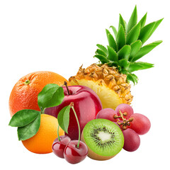 tropical fruits, Pineapple, grapefruit, apple, kiwi, mandarin, cherry, grape, isolated on white...