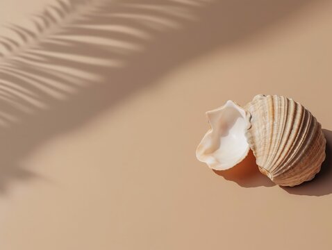 Sea shell on beige background with shadow overlay. Summer concept.