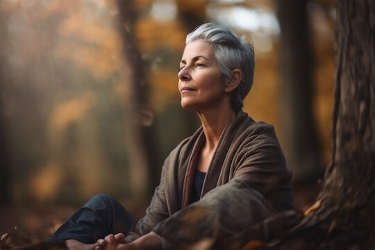  caucasian woman meditate outdoors in the park in the shade of trees. Generative AI