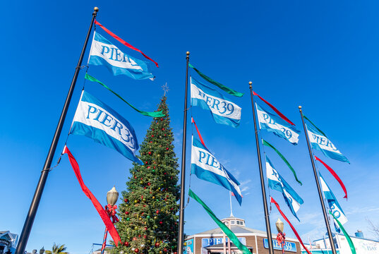 San Francisco, United States - November 25, 2022: A picture of the flags of Pier 39, with a Christmas tree in the back.